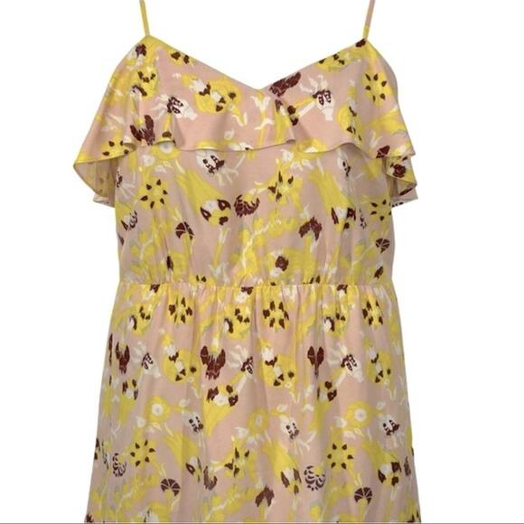 Tibi Silk Floral Abstract Mini Ruffle Tunic Dress Size 8 Yellow Pink Floral - Picture 9 of 14